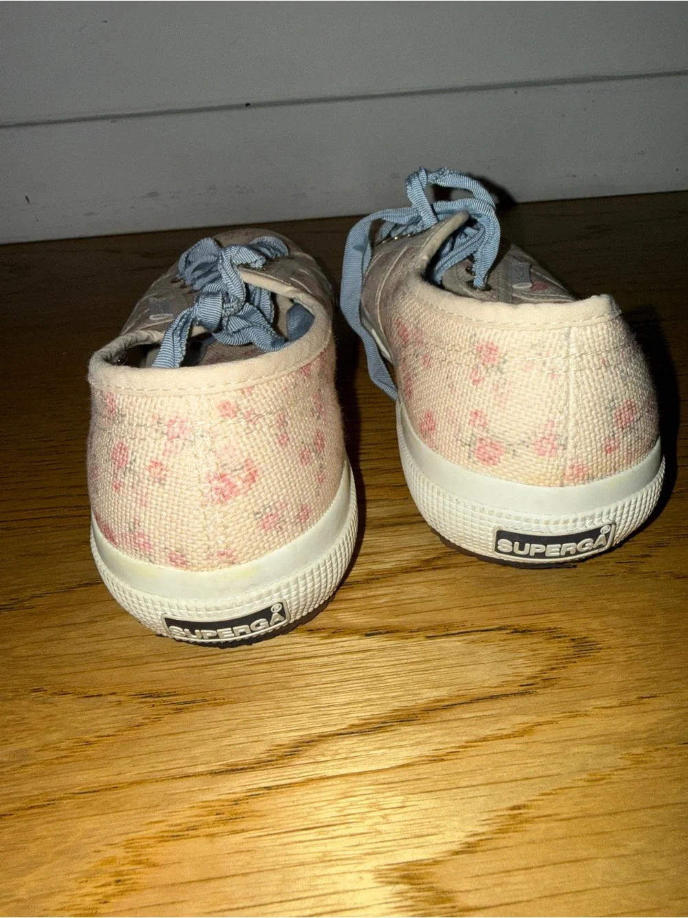 LoveShackFancy Cream and Pink Floral Low-Top Sneakers with Light Blue Laces